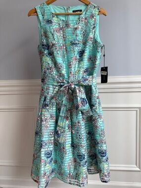 NWT Tommy Hilfiger Summer Aqua Floral Sleeveless Belted Dress Sz 10 NEW
